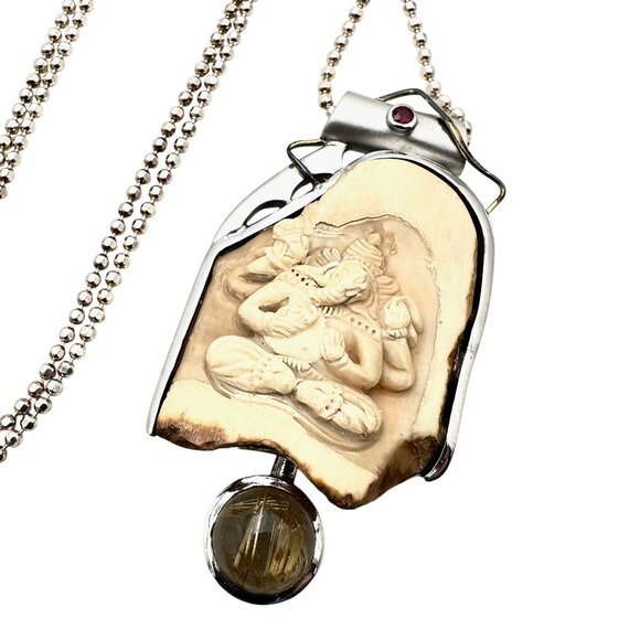 Vintage Artisan 18K Gold Sterling Silver Carved Pendant Quartz Ruby Gemstones - Picture 3 of 4